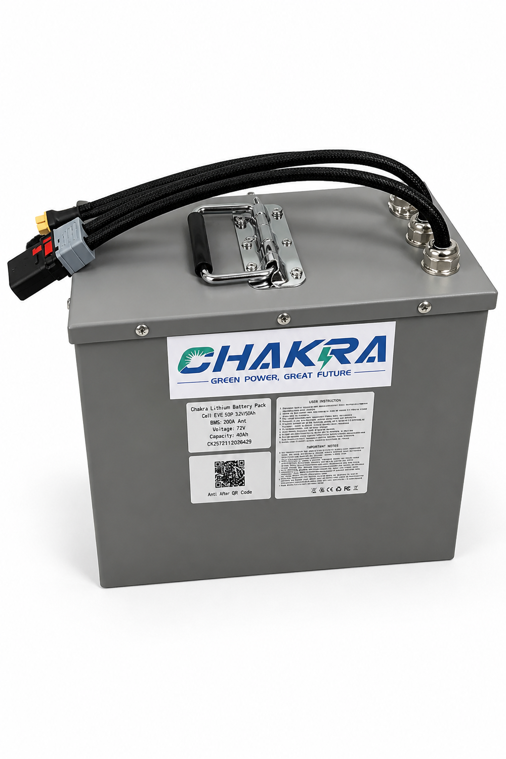 This high-performance 72V 40Ah battery, manufactured by Chakra Battery, features brand-new Grade A battery cells and delivers a continuous discharge of 340A. It is suitable for electric motorcycles, electric go-karts, and similar vehicles.