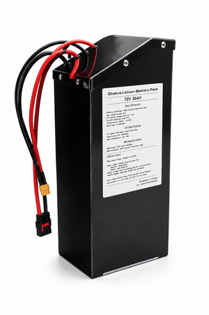 High-performance Surron Light Bee upgrade battery manufactured by Chakra Batteries, featuring an ultra-high capacity of 36 Ah and a label on the back