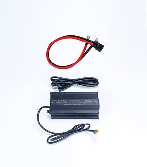 The charger and connecting cable provided by Chakra Battery Company