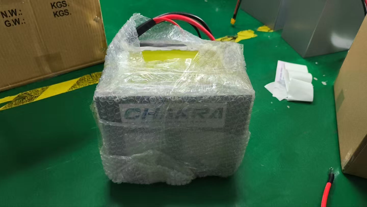 Chakra 72V battery packaged with bubble wrap
