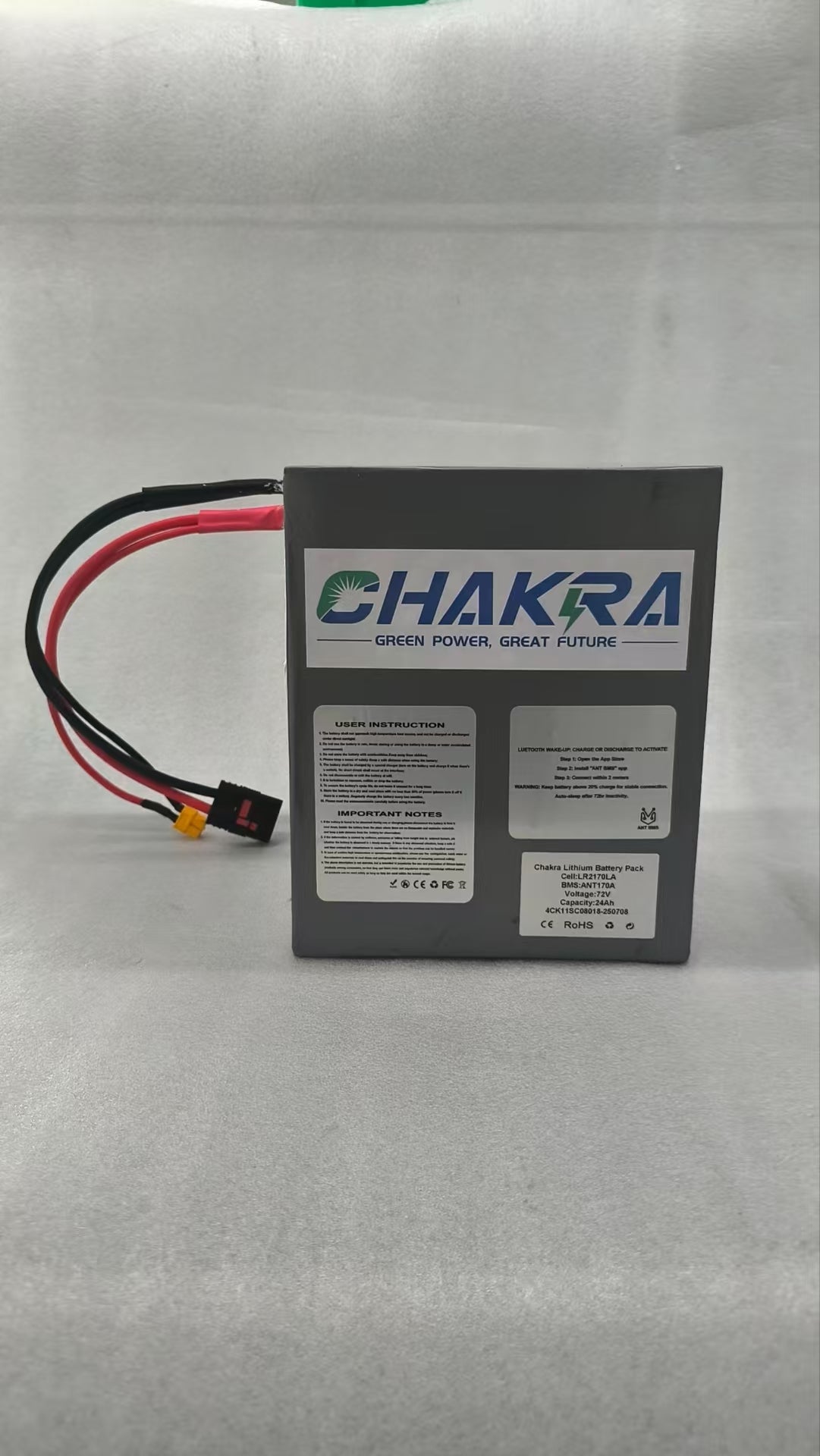 Chakra 72V 24AH lithiym battery front view with XT60 connector for electric scooters