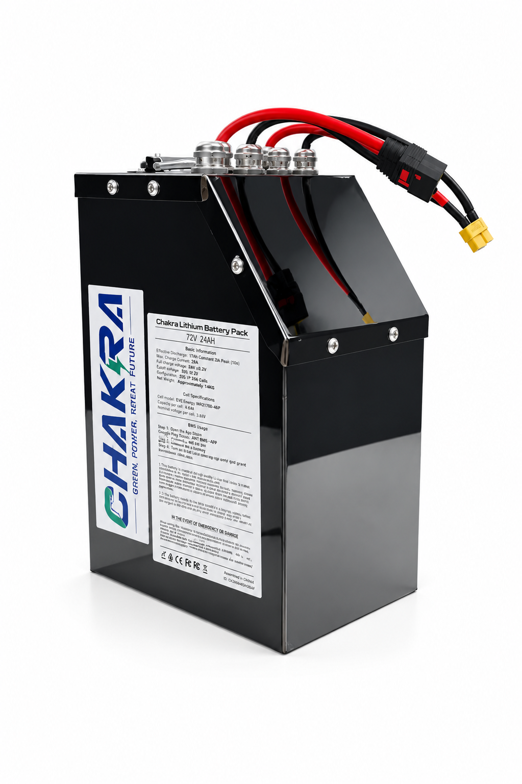 This high-discharge battery, rated at 72V, 24Ah, and 160A continuous current, is designed and manufactured by Chakra Battery. It serves as a replacement battery for the Valtinsu EM-5 and Yozma IN 10, offering improved discharge performance and output power.