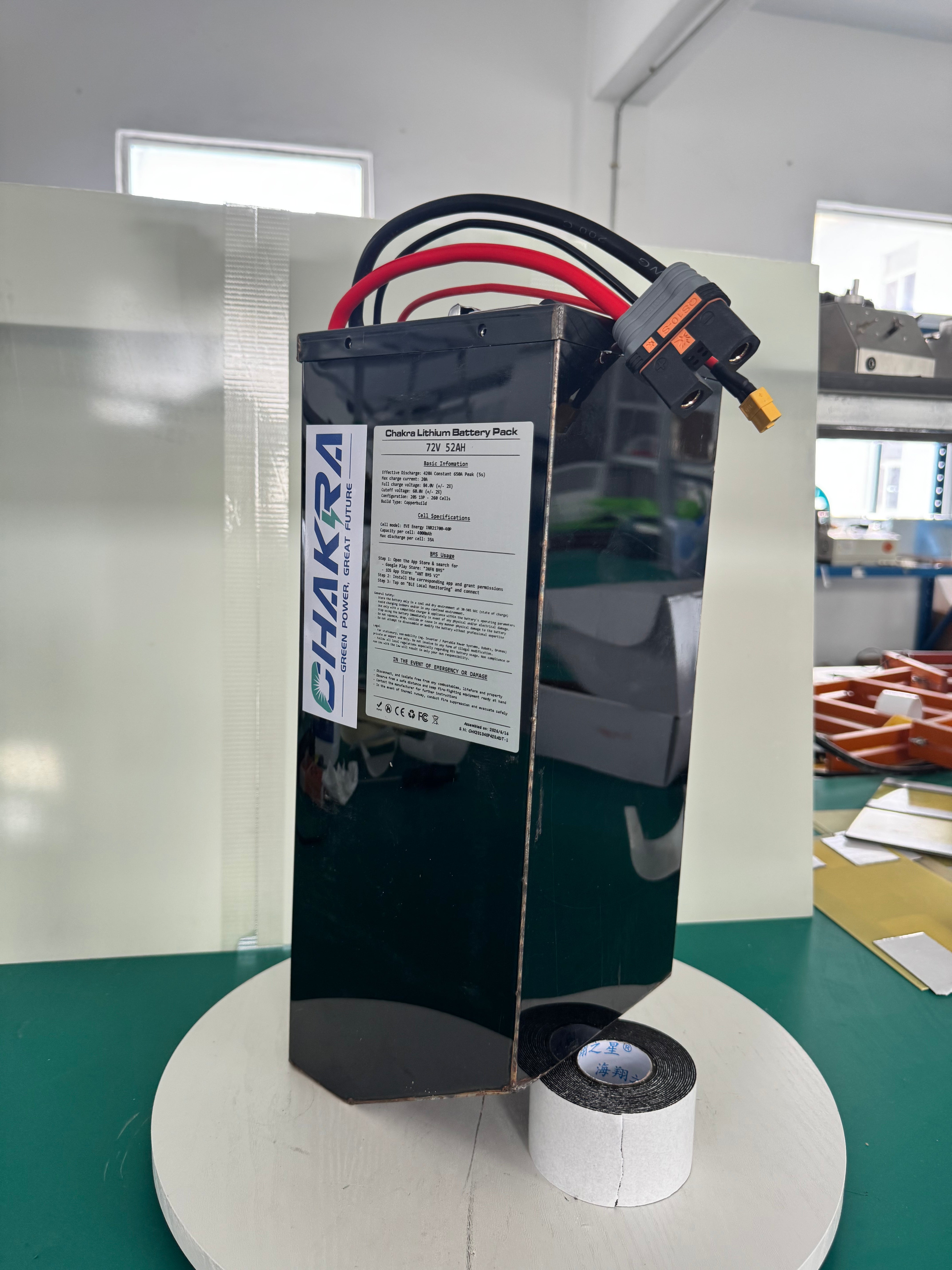 This 72-volt, 65-amp-hour smart lithium-ion battery is ideal for high-power electric motorcycles such as the Honda CRF250. It features a continuous current of 420A and Bluetooth functionality.