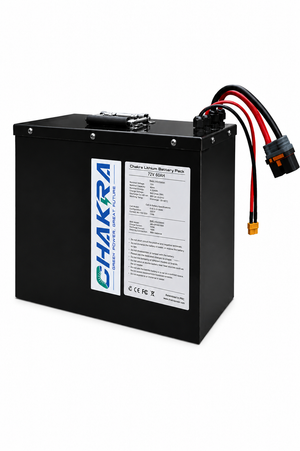 Designed and manufactured by Chakra Battery, this 72V 60Ah battery is suitable for go-karts, delivers a continuous current of 420A, and features Bluetooth functionality.