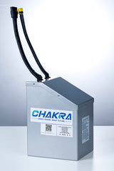 The front of the silver gray razor battery, produced by Chakra Battery Company
