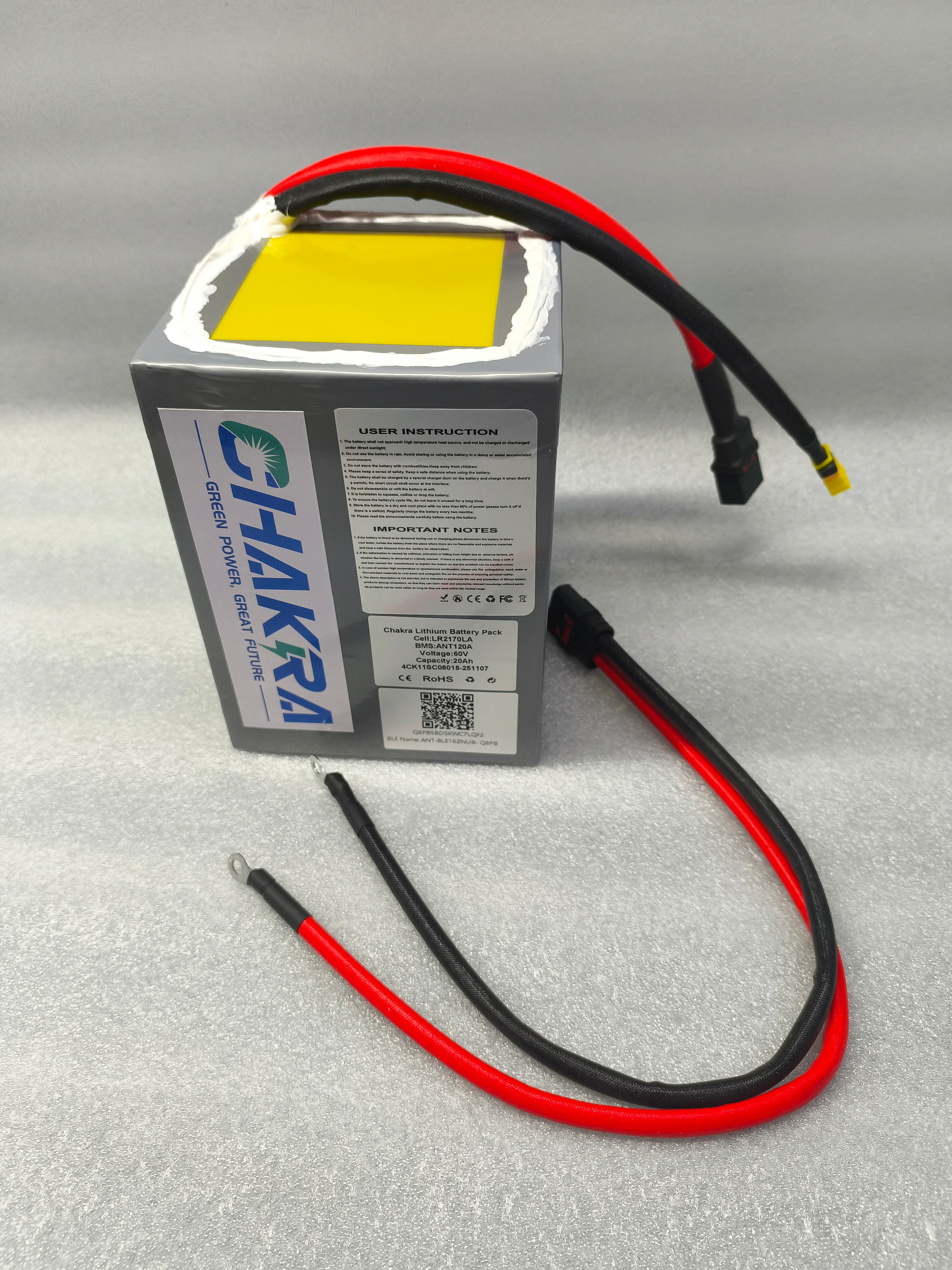 The 60V Razor Bike battery produced by Chakra Battery Company comes with a connecting cable