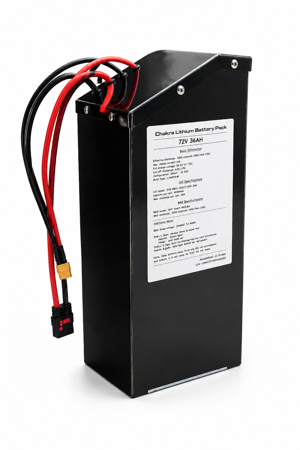 High-performance Surron Light Bee upgrade battery manufactured by Chakra Batteries, featuring an ultra-high capacity of 36 Ah and a label on the back